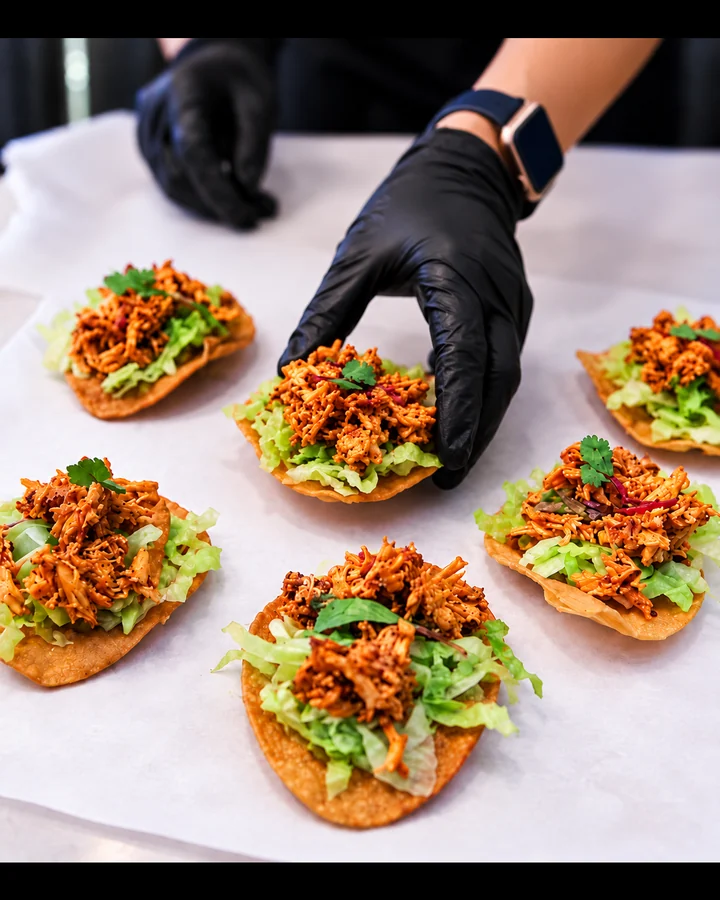 Chicken tinga tostadas topped with shredded lettuce on a serving table