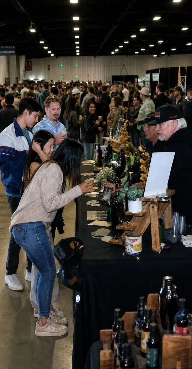 Exhibitors and guests at a past SoCal Cocktail & Spirits Fest tasting table, with a crowd in the hall behind