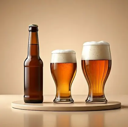 A beer bottle beside two foam-topped glasses of beer