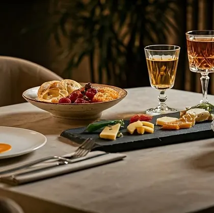 A cheese and charcuterie spread with appetizers and a glass of amber drink