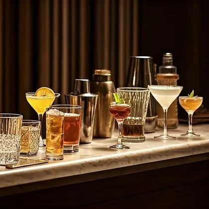 Colorful cocktails and metal shakers on a marble bar