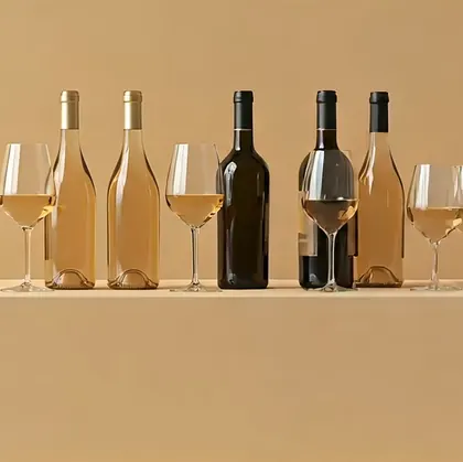 Bottles of white and rosé wine behind two filled glasses