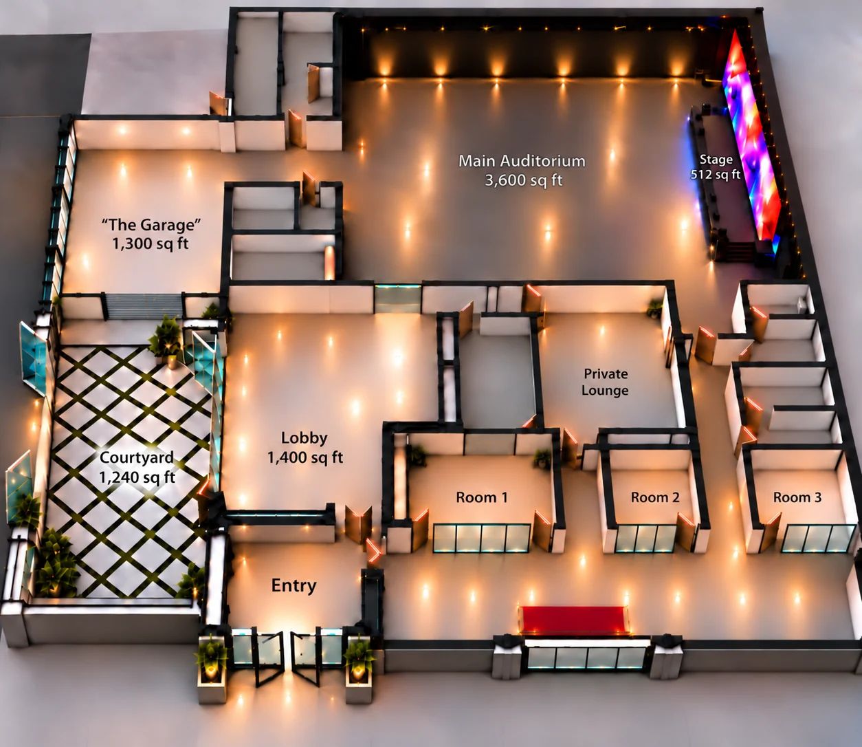 3D floor plan of Gillette House showing the entry, lobby, main auditorium with stage, The Garage, courtyard, private lounge and rooms 1 to 3