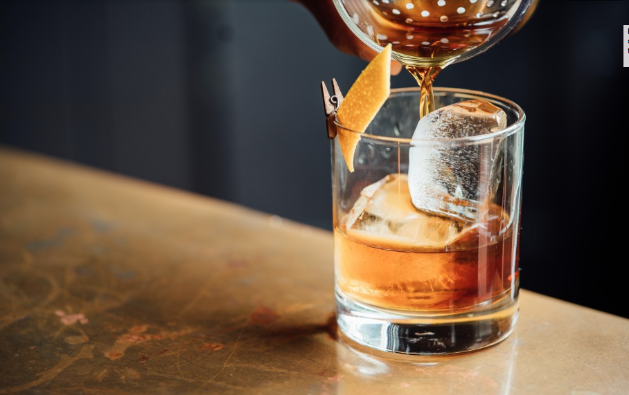 blended scotch whiskey served in a short glass with a large ice